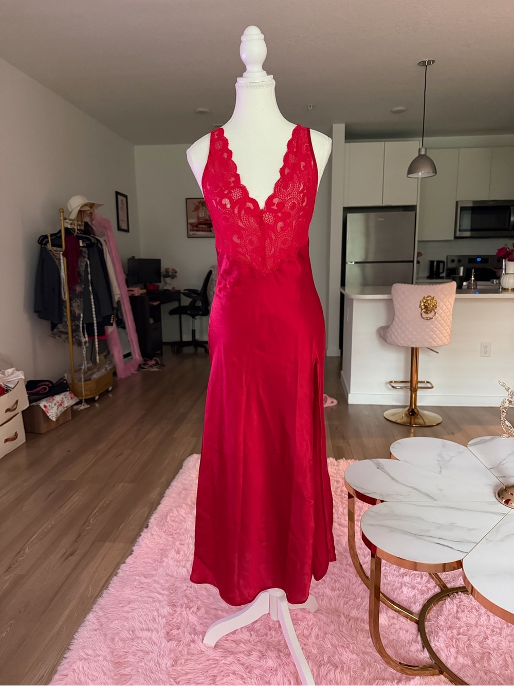 Victoria's Secret Red maxi slip dress | Lace-Trim Satin Chemise gold label